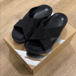 FitFlop Black Crystall Glitter Platform Slides Sandals Size 7
